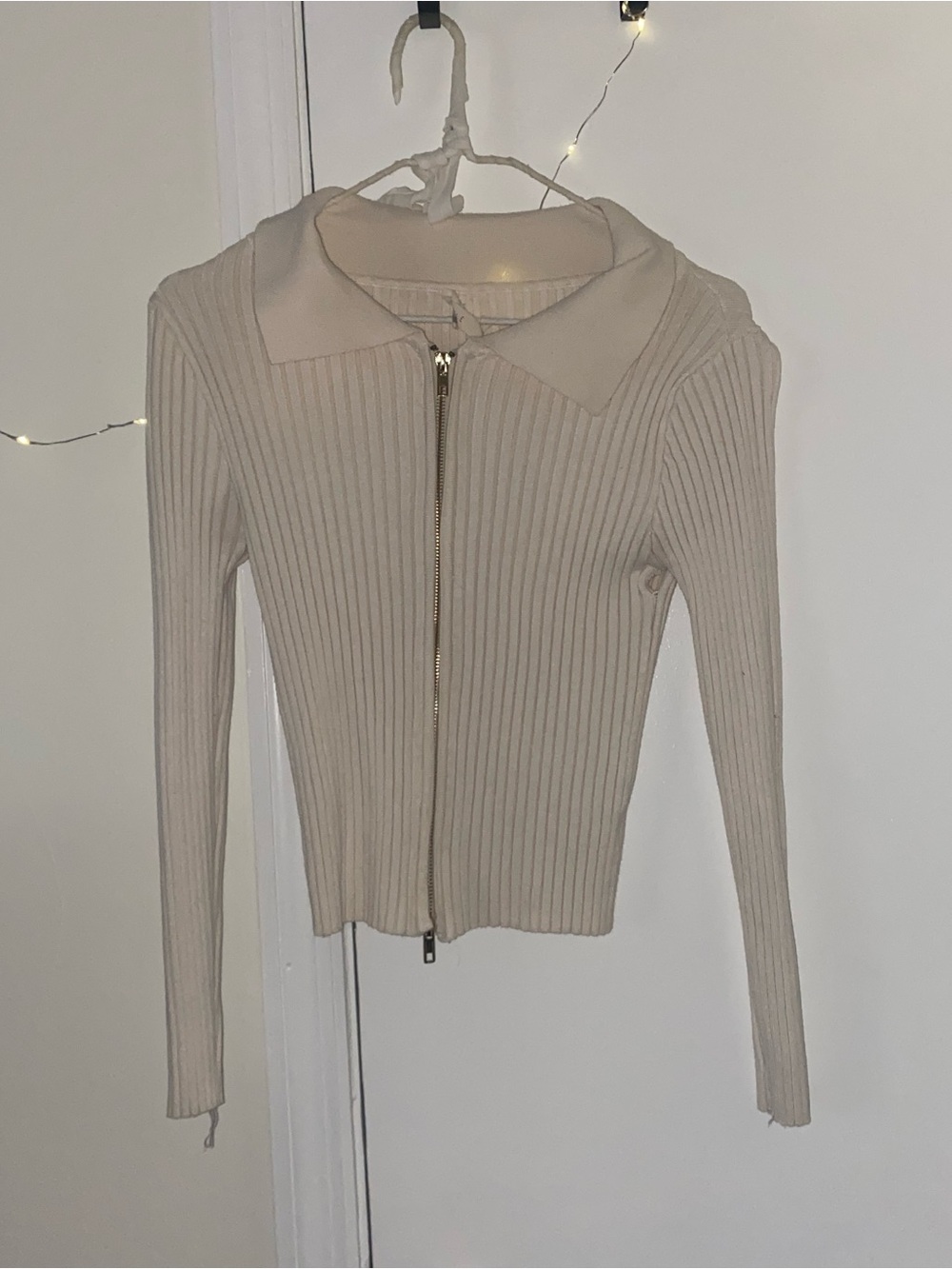 MARBLE Cream Ribbed Zip-Front Collared Top